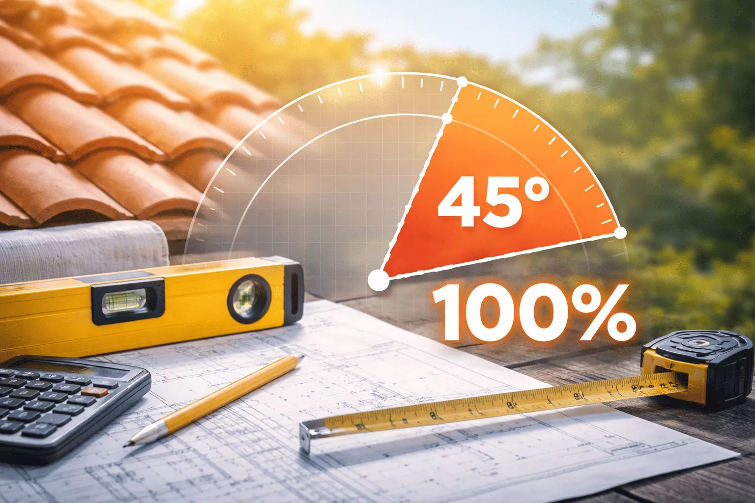 Convertisseur de pente toiture : schéma angle 45° et 100% avec niveau à bulle, mètre et plans.